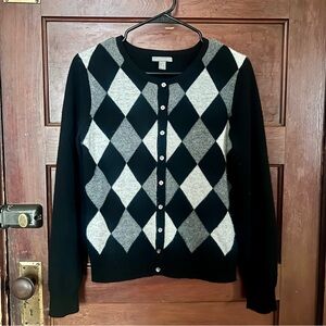 Apt. 9 100% Cashmere Argyle / Diamond Cardigan - Black and Gray - Size Small
